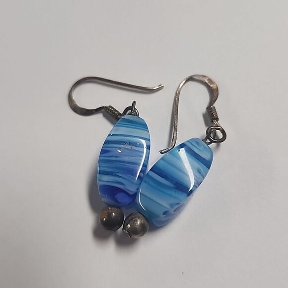 Millefiori Glass Bead Aqua Royal Blue Dangle Drop Earrings Sterling Silver Hooks - Picture 3 of 5